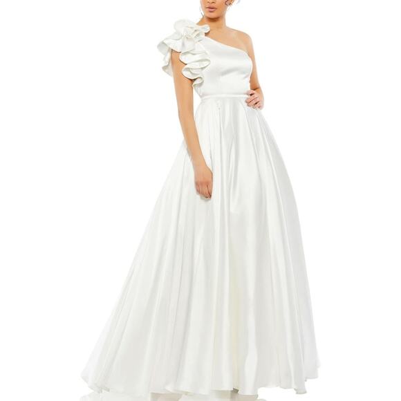 Mac Duggal White Satin One Shoulder Ruffle Gown Evening Dress Size 10 - Picture 1 of 14